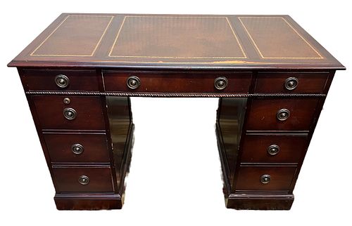 AMERICAN MAHOGANY KNEE HOLE DESK, 20TH C., H 30", W 44", D 23" TOOLED LEATHER 