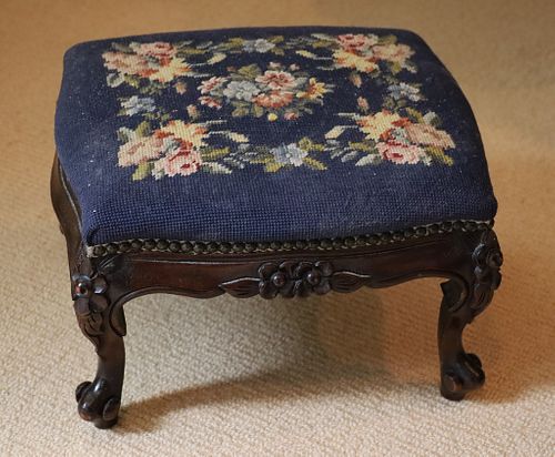 CARVED WALNUT  FOOT STOOL WITH NEEDLEPOINT UPHOLSTERY H 10", W 12", L 15" 
