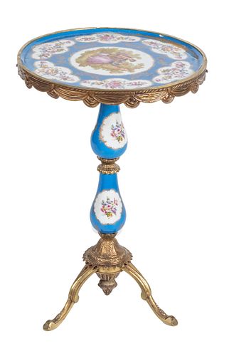 FRENCH SEVRES STYLE BRONZE, PORCELAIN MOUNTED OCCASIONAL SIDE TABLE, H 22", DIA 14.5" 