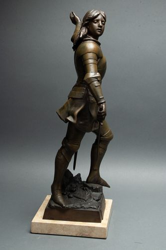 AFTER EUGUENE MARIOTON (FRENCH, 1857-1933) SPELTER SCULPTURE, H 19", W 12", JEANNE D'ARC 