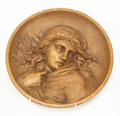 EUROPEAN BRONZE CHARGER, DIA 9", WOMAN WITH HOLLY WREATH 