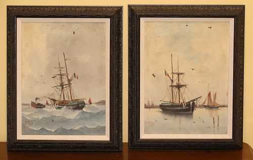 G. GINS, OIL ON CANVAS, C. 1920, PAIR, H 12.5", W 9", FRENCH MARITIME SCENES 