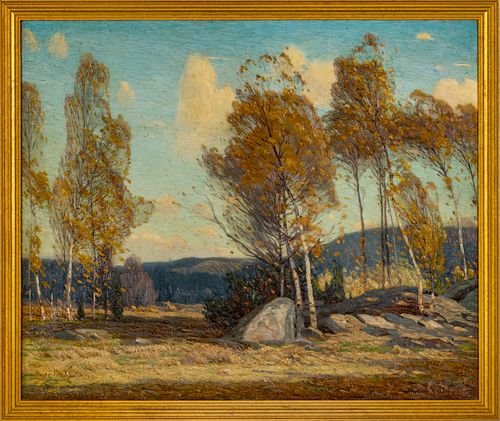 GUSTAVE WIEGAND (AMERICAN, 1886-1973) OIL ON CANVAS, H 25", W 30", ROCKY LANDSCAPE WITH TREES 