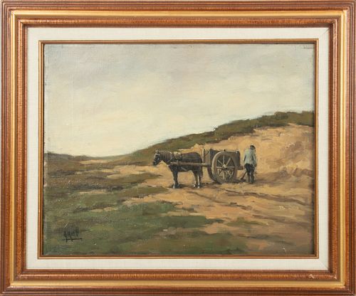 A. KIELL, DUTCH, OIL ON CANVAS, C 1910, H 14" W 18" FARMER WITH HORSE DRAWN CART 