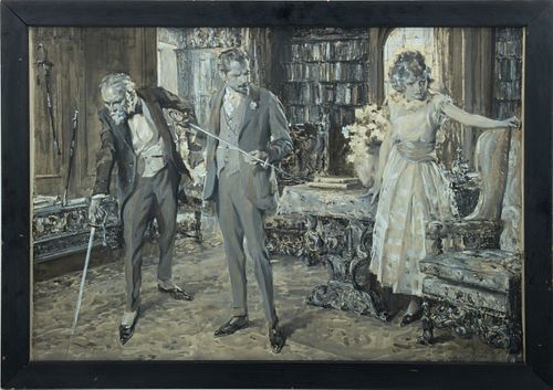 ARTHUR IGNATIUS KELLER (AMERICAN, 1866-1924), WATERCOLOR AND GOUACHE ON PAPER, H 18", W 26", INTERIOR LIBRARY SCENE 