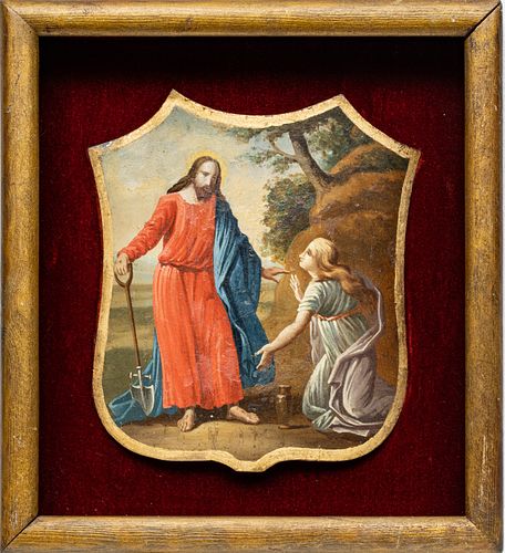 SCHOOL OF JAN ANTON GAREMYN (FLEMISH, 1712–1799) OIL ON SHIELD FORMED TIN, H 8.25" W 7.25" THE CHRIST WITH MARY MAGDALENE 