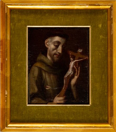UNSIGNED OIL ON CANVAS LAID DOWN TO BOARD, 18TH C, H 9.75", W 7.75", MONK WITH CRUCIFIX 