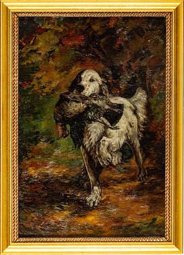 STEPHEN A. GEITZ (AMERICAN, 1892-1972) OIL ON CANVAS, H 19", W 13", ENGLISH SETTER WITH BIRD 