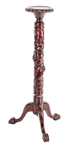 CARVED MAHOGANY PEDESTAL WITH GRAPEVINES, H 45", DIA 20" 