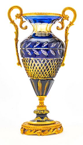 FRENCH STYLE COBALT BLUE OVERLAY AND BRONZE URN H 19.5" W 11" 