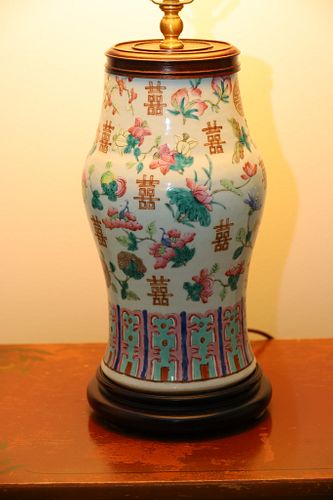 CHINESE PORCELAIN VASE CONVERTED TO TABLE LAMP,  H 29", DIA 6.5" 