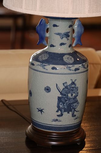 BLUE AND WHITE PORCELAIN VASE CONVERTED TO TABLE LAMP, H 30", DIA 14" 