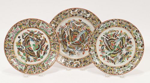 CANTON ENAMEL PORCELAIN "BUTTERFLY" PLATES, 19TH C., THREE PIECES, DIA 9 1/2" (LARGEST) 