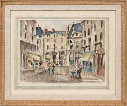 GUY NEYRAC (FRENCH, 1900-1950) WATERCOLOR & INK ON PAPER, H 21", W 27", "LE HOTEL SULLY, PARIS" 
