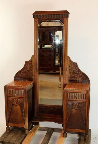 English Art Deco dressing mirror in carved oak