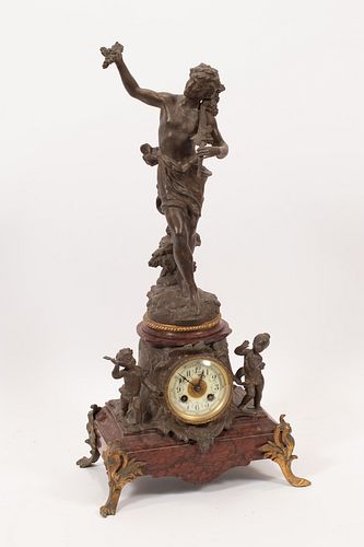 CHARLES-OCTANE LEVY & VINCENTI & CIE (PARIS, FRANCE 1820-1899) SPELTER  MARBLE MANTEL CLOCK H 25" W 12" D 8" "VENDANGE" 