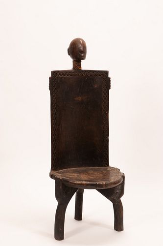 AFRICAN CARVED WOOD, BEAD & METAL CHAIR, H 55", W 18", D 20"