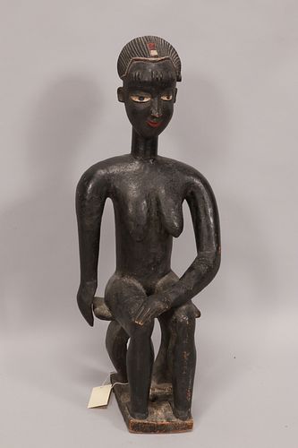 AFRICAN CARVED WOOD WITH PIGMENT, SEATED FIGURE H 27.5" W 10" D 8" 