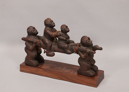 AFRICAN CARVED WOOD WITH PIGMENT AND FIBER, CARVED WOOD FIGURES H 15" L 21" 