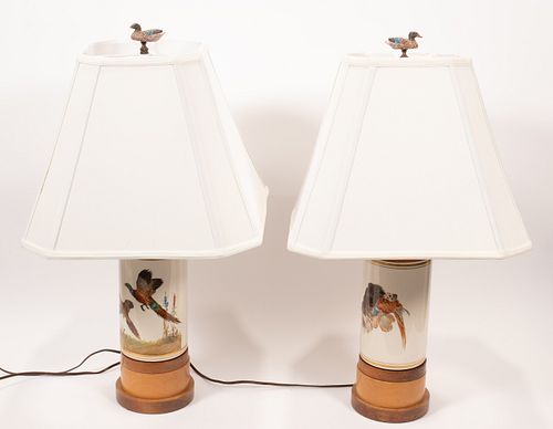 PORCELAIN CYLINDRICAL LAMPS, C. 1940, PAIR, H 29" 