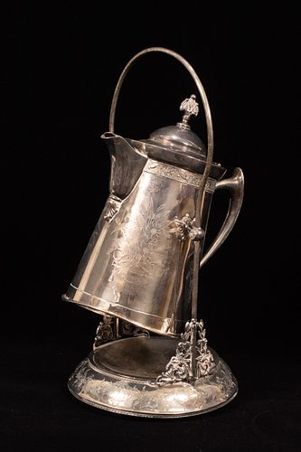 SILVER PLATE ICE WATER PITCHER ON STAND, C. 1850, H 19", W 8"