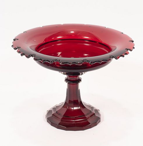 RUBY HAND BLOWN CRYSTAL COMPOTE 19TH.C. H 8" DIA 11" 
