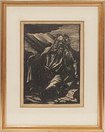 JACOB STEINHARDT (POLISH, 1887-1968) WOODCUT ON PAPER, 1942, H 14.5", W 10.25", PONDERING MAN 