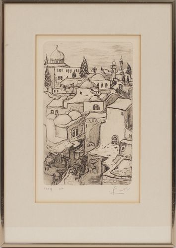YEHUDIT YELIN-GINAT (ISRAELI, 1923-2005) AQUATINT ETCHING ON PAPER, 1979, H 10", W 6", CITY VIEW 