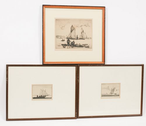 GORDON GRANT (AMERICAN, 1875-1962) LITHOGRAPHS & ENGRAVING ON PAPER, 3 PCS, H 4"-8", SHIP SCENES 