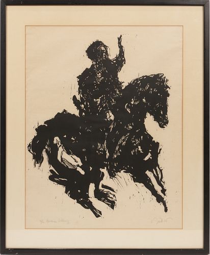 ARTHUR DANTO (AMERICAN, 1924-2913) WOODCUT ON PAPER, 1961, H 26", W 21", GESTURING HORSEMAN 