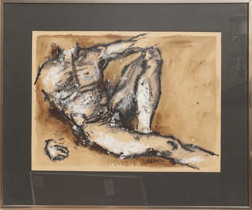 T.S. COSTA (20TH C) ACRYLIC & INK ON BOARD, C. 1960, H 16", W 22", RECLINING MALE NUDE 