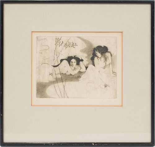 ISRAELI ARTIST, DRYPOINT ETCHING ON PAPER, 1980, H 6", W 8", NUDE WOMEN 
