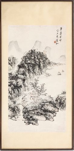 HUANG BINHONG (CHINESE, 1865–1955) WATERCOLOR AND INK ON PAPER, H 38" W 20.125" LANDSCAPE 