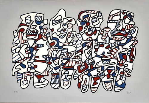JEAN DUBUFFET (FRENCH, 1901–1985) SCREENPRINT IN COLORS, ON ARJOMARI PAPER, 1974 H 25.125" W 36.125" QUATRE PERSONNAGES 