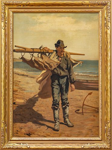 JOHN GEORGE BROWN, N.A. (AM.1831-1913) OIL ON CANVAS, 1877/78, H 29", W 20", LOBSTERMAN BRINGING HOME HIS SAILS, GRAND MANAN 