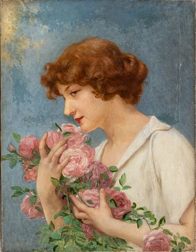 GUILLAUME SEIGNAC (FRENCH 1870-1924) OIL ON CANVAS, H 25 1/2", W 19 1/2", BOUQUET OF PINK ROSES 