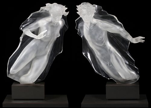FREDERICK ELLIOT HART (AMERICAN, 1943–1999) CLEAR ACRYLIC RESIN, 1983, PAIR, H 31", W 24", SACRED MYSTERIES SUITE 