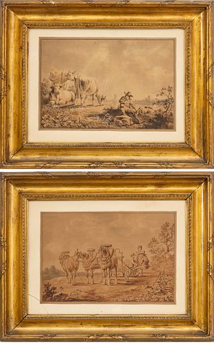 CHARLES TOWNE (BRITISH, 1763-1840) WATERCOLORS ON PAPER, 2 PCS, H 10", W 14.5", PASTORAL LANDSCAPES WITH ANIMALS 