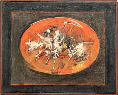 JOHN BAGERIS (AMERICAN, 1924-2000) OIL ON CANVAS, 1959, H 12", W 15", "HORSEMEN" 