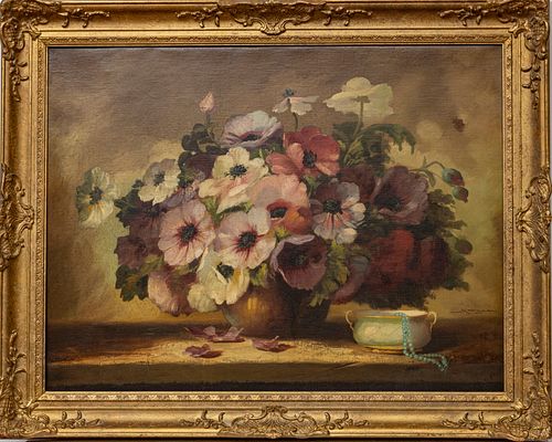 ILLEGIBLY  SIGNED OIL ON CANVAS, C 1930. H 27" W 35" FLORAL STILL LIFE 