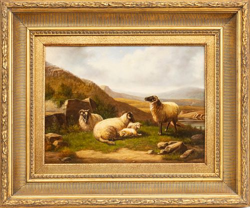 SIGNED K. STEIN, OIL ON PANEL, 20TH C. H 12", W 15", SHEEP IN PASTURE 