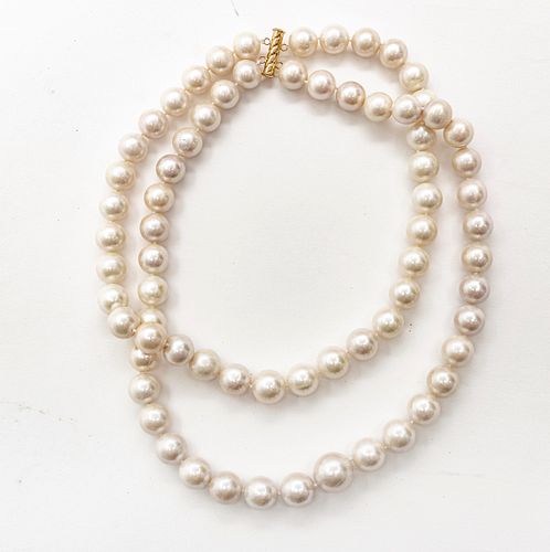 SOUTH SEA PEARL & 18KT GOLD DOUBLE STRAND NECKLACE, L 17", T.W. 195 GR 