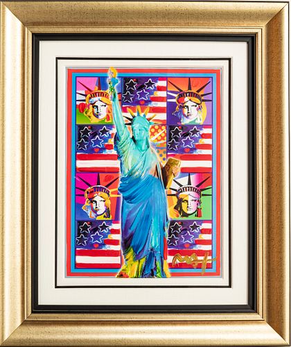 PETER MAX (AMER B.1937) MIXED MEDIA ACRYLIC ON COLOR LITHOGRAPH, 2005, H 23", W 17", "GOD BLESS AMERICA III - WITH FIVE LIBERTIES" 