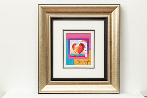 PETER MAX (AMERICAN B. 1937) MIXED MEDIA ACRYLIC ON COLOR LITHOGRAPH, 2006, H 9", W 7", "HEART ON BLENDS" 