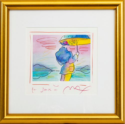 PETER MAX (AMERICAN, 1937) LITHOGRAPH WITH HAND COLORING ON WOVE PAPER, 1997 H 8" W 8.5" UMBRELLA MAN 