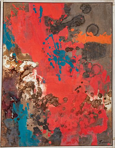 ERLE LORAN, AMERICAN, 1905-1999, OIL ON ARTIST BOARD H 18" W 14" "RED CONFIGURATION" 