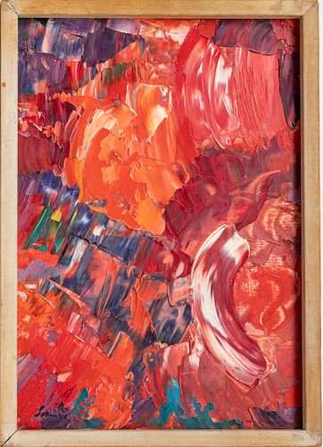 ERLE LORAN, AMERICAN, 1905-1999, OIL ON ARTIST BOARD H 19" W 13" "RED WAVES" 