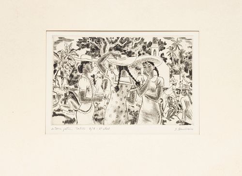 JACQUES BOULLAIRE (FRENCH, 1893–1972) DRYPOINT ETCHING ON WATERMARKED BFK RIVES PAPER, H 5.25" W 8.25" A TORU POTII TAHITI 