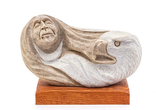 A.P. MARTINEZ (AMERICAN 20TH C.) CARVED MARBLE SCULPTURE, 1992, H 8", L 15", D 6", "HE DREAMS OF BROTHER EAGLE" 