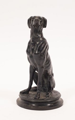 ANTOINE-LOUIS BARYE (FRENCH, 1796-1875) BRONZE SCULPTURE, 19TH C., H 6.75", DIA 3.5", WHIPPET  